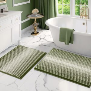 BSICPRO Bathroom Rugs Sets 2 Piece, Non Slip Striped Bath Mats, Sage | 20"x32" Plus 16"x24", Soft Absorbent Chenille, Quick Dry Machine Washable, Shower Rug for Bathroom Floor, Tub, Bedroom Decor